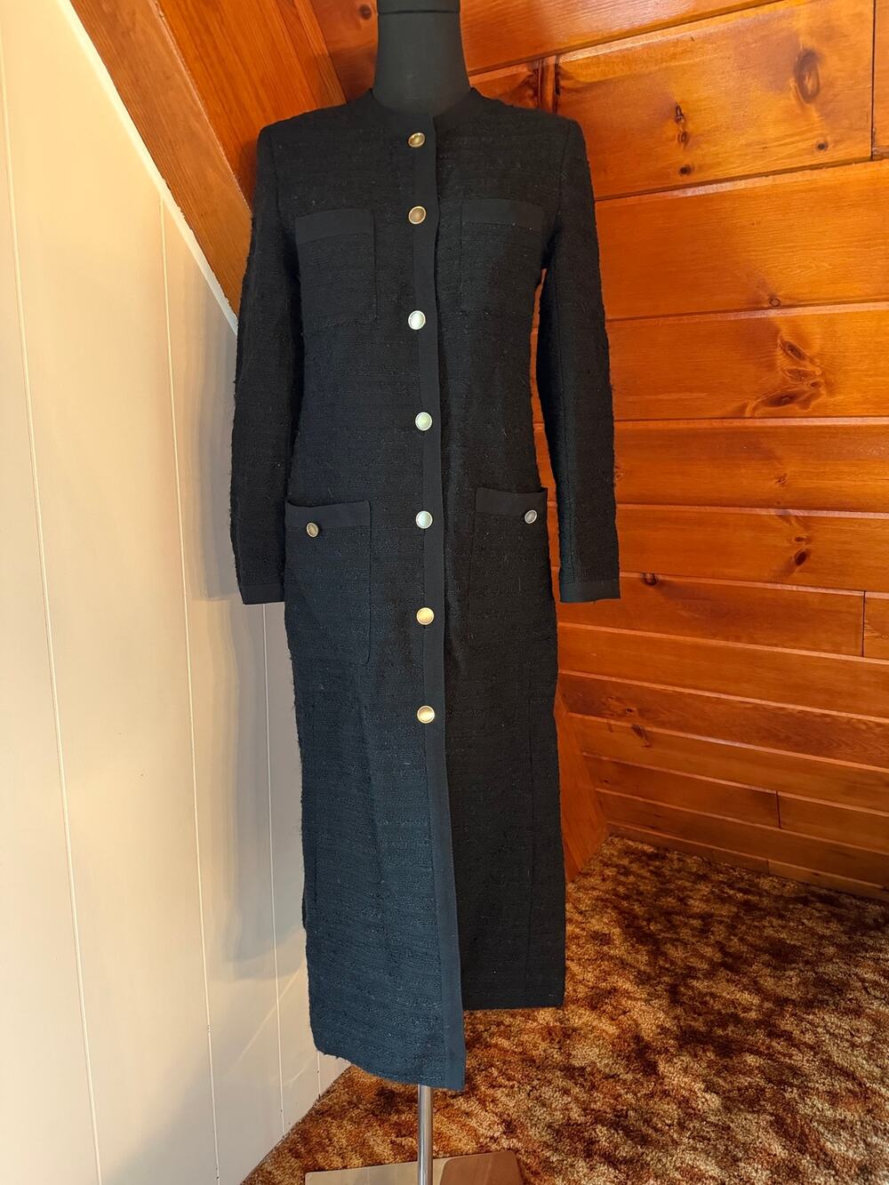 Vintage Windsmoor Black Maxi Dress Coat Duster Jacket 70s/80s Gold Buttons sz 8